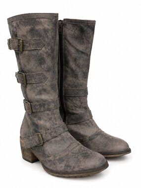 Dingo Distressed Leather Tall Buckle Moto Boots Womens 10 Gray Western